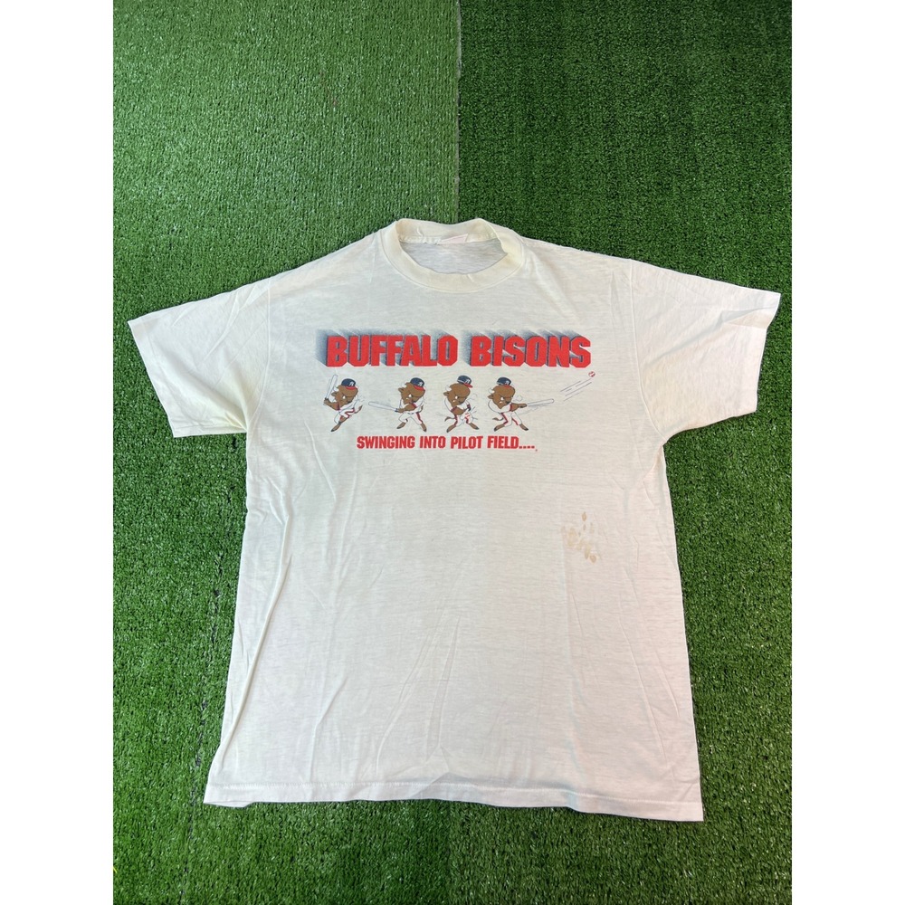 Vintage Buffalo Bisons Baseball T Shirt Swinging Into Pilot Field Graphic Tee XL